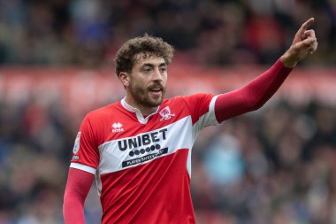 Middlesbrough 25 numaralı Matt Crooks, Middlesbrough Stadyumu 'nda Middlesbrough - Blackburn Rovers maçında jest ve tepkiler gösterdi.