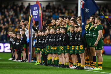 Avustralya ve Fiji milli marşlar sırasında 2021 Dünya Rugby Ligi Kupası öncesinde Avustralya ve Fiji 'ye karşı Headingley Stadyumu, Leeds, Birleşik Krallık, 15 Ekim 202