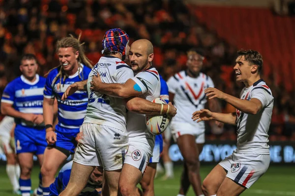 Benjamin Jullien Uit Frankrijk Viert Zijn Poging Tijdens Rugby League — Stockfoto