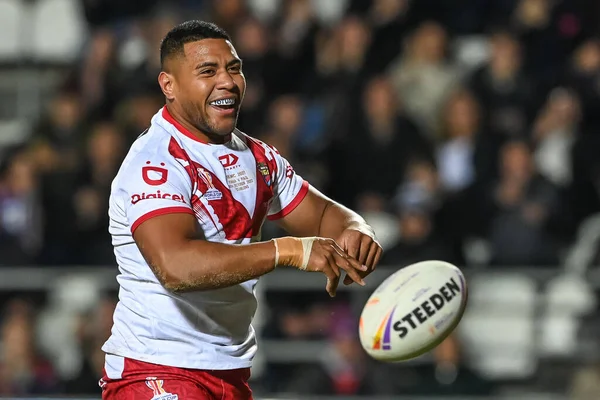 Moeaki Fotuaika Van Tonga Viert Zijn Poging Tijdens Rugby League — Stockfoto