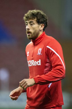 Middlesbrough 'dan Matt Crooks 19 Ekim 202' de İngiltere 'nin Wigan şehrindeki Wigan Stadyumu' nda oynanan Wigan Atletizm Şampiyonası maçında ısınıyor.