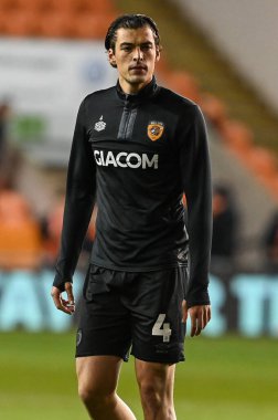 Maç öncesi ısınma öncesinde Hull City 'den Jacob Greaves # 4. Blackpool vs Hull City maçı, Bloomfield Road, Blackpool, İngiltere, 19 Ekim 202