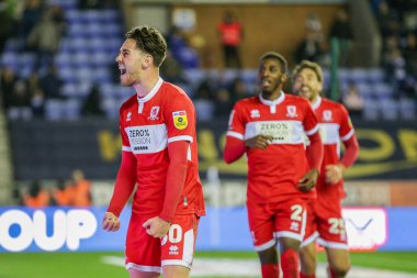 Middlesbrough 'lu Hayden Hackney, 19 Ekim 202' de Wigan Atletizm Şampiyonası 'nda Middlesbrough' a karşı oynanan Wigan-Middlesbrough maçında 1-3 kazanma golünü kutluyor.
