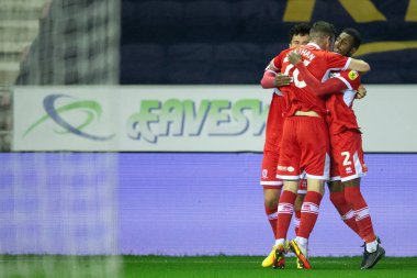 Middlesbrough 'dan Isaiah Jones, 19 Ekim 202' de İngiltere 'nin Wigan Stadyumu' nda oynanan Wigan Atletizm ve Middlesbrough maçında 1-1 kazanma hedefini kutluyor.