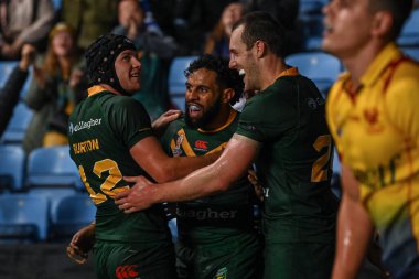 Avustralyalı Josh Addo-Carr, 21 Ekim 202 'de Coventry Building Society Arena, Coventry, İngiltere' de oynanan 2021 Dünya Rugby Ligi karşılaşmasında denemesini kutluyor.