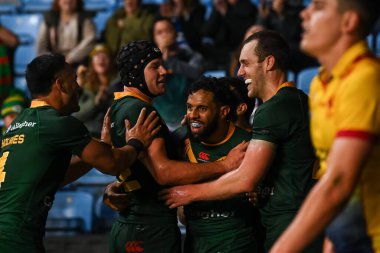 Avustralyalı Josh Addo-Carr, 21 Ekim 202 'de Coventry Building Society Arena, Coventry, İngiltere' de oynanan 2021 Dünya Rugby Ligi karşılaşmasında denemesini kutluyor.