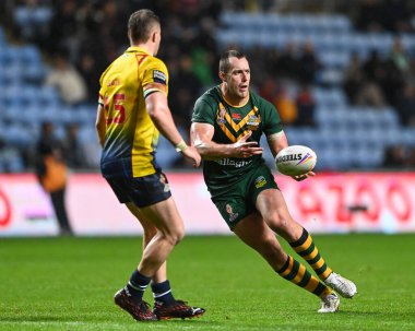 Avustralyalı Isaah Yeo Rugby Ligi Dünya Kupası 2021 karşılaşmasında Coventry Building Society Arena, Coventry, Birleşik Krallık 'ta Avustralya ile İskoçya karşılaşacak.