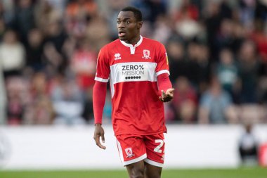 Middlesbrough 27 numaralı Marc Bola, Middlesbrough 'un 22 Ekim 202' de Riverside Stadyumu 'nda oynanan Middlesbrough-Huddersfield maçı sırasında yaptığı jestler.