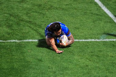 Samoa 'dan Tim Lafai, 23 Ekim 202' de İngiltere 'nin Doncaster kentindeki Eco-Power Stadyumu' nda oynanan Rugby Ligi Dünya Kupası 2021 Dünya Kupası A Grubu karşılaşmasında sahaya çıkıyor.