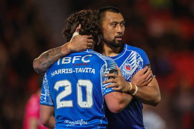 Samoalı Chanel Harris-Tavita, 23 Ekim 202 'de İngiltere' nin Doncaster kentindeki Eco-Power Stadyumu 'nda oynanan Rugby Ligi Dünya Kupası 2021 Dünya Kupası Grubu A karşılaşmasında Samoa ile yaptığı denemeyi kutluyor.