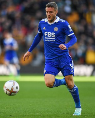 Leicester City 'den Jamie Vardy # 9 Premier League maçı sırasında Wolverhampton Wanderers, Molineux, Wolverhampton' da Leicester City 'e karşı, 23 Ekim 202