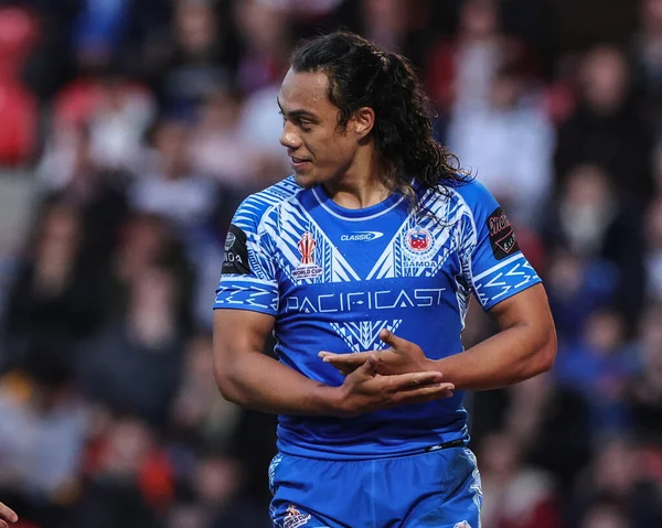 Samoalı Jarome Luai, 23 Ekim 202 'de İngiltere' nin Doncaster kentindeki Eco-Power Stadyumu 'nda oynanan Rugby Ligi Dünya Kupası 2021 Dünya Kupası A Grubu maçında şansını kutluyor.