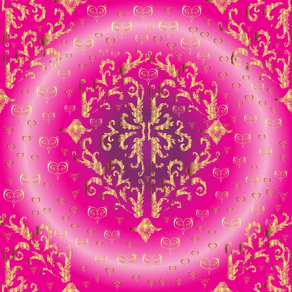 ヴィンテージスタイルで かわいい葉 渦巻き 複雑な美しい装飾を描いた手でマゼンタ ピンクと紫の葉の背景 葉のヴィンテージかわいいシームレスパターン — ストック写真