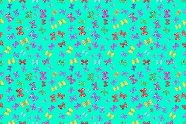 Renkli arkaplanda ilginç karalamalar olan kusursuz desen. Pano. Raster illüstrasyonu. Kelebekler.