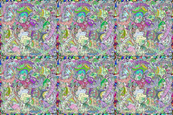 Sömlös mönster med intressanta klotter på colorfil bakgrund. Pano här. Raster illustration. — Stockfoto