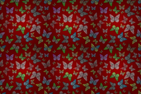 Бесшовный Узор Красочной Бабочки Сером Красном Черном Фоне Скрибл Эскиз — стоковое фото