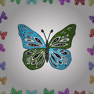 Kusursuz. Kelebekli tasarım. Yeşil, siyah ve beyaz arka planda kelebekler. Sonsuz. Vektör çizimi. Çizim, karalama, karalama.