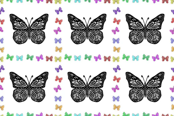 蝶とのシームレスなパターン グレー 白のイラスト ファブリック 招待状の背景 — ストック写真