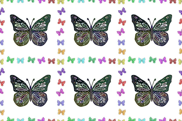 ファッションかわいい生地デザイン 灰色の背景に美しいカラフルな蝶の描かれたヴィンテージの手 — ストック写真