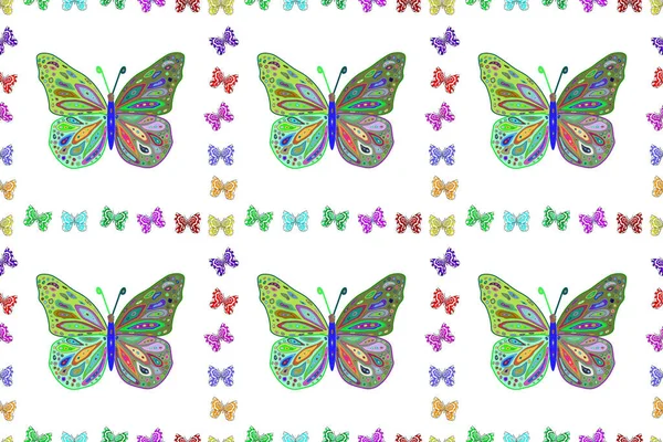 シームレスなパターン テキスタイルプリント用の蝶を再生します 落書き スケッチ 緑のイラスト — ストック写真