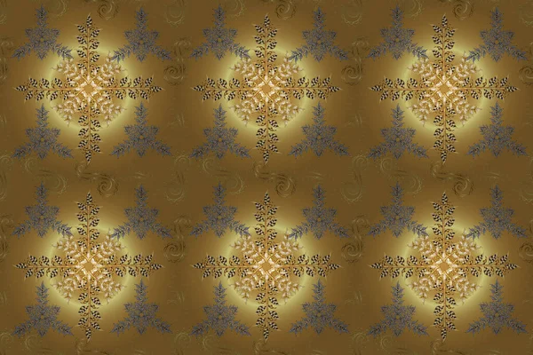 无缝隙 在灰色 米黄色和黄色上的涡旋和卷曲图案 完美的墙纸 网页背景 表面纹理 纺织品 拉斯特插图 老式风格 — 图库照片