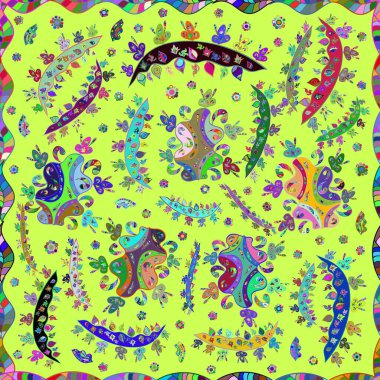 Renkli arkaplanda ilginç karalamalar olan kusursuz desen. Raster illüstrasyonu.