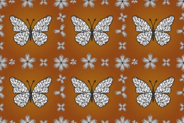Dekoratif el çizimi kelebekler. Kahverengi, beyaz ve siyah renkli resim. Güzel kumaş tasarımı..