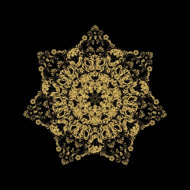 Koyu siyah arka plandaki altın karalamalar kar taneleri tarzında. Vektör.