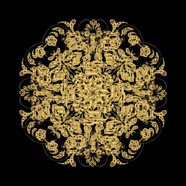 Koyu siyah arka plandaki altın karalamalar kar taneleri tarzında. Vektör.