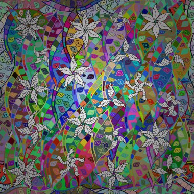 Renkli arkaplanda ilginç karalamalar olan kusursuz desen. Vektör illüstrasyonu.