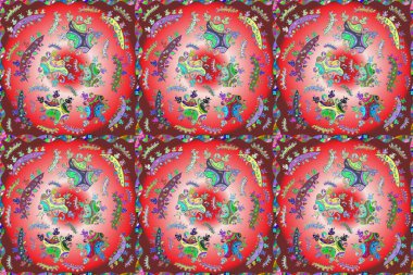 Renkli arkaplanda ilginç karalamalar olan kusursuz desen. Pano. Raster illüstrasyonu.