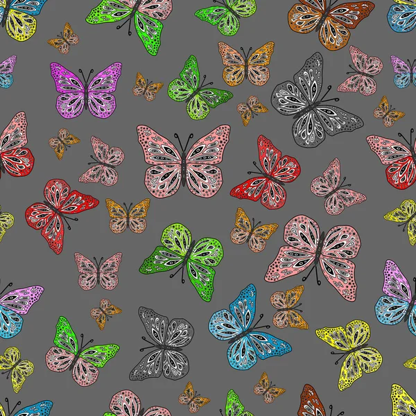 紙のためのかわいい背景 生地のデザイン ラッパーや壁紙 ベクトル グレー 緑の色のアート蝶 子供蝶シームレスパターン — ストックベクタ