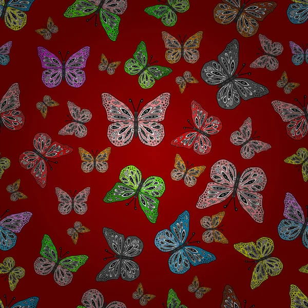 グレー 黒の背景にカラフルな蝶のシームレスなパターン 落書き スケッチ ベクトル グレー 黒の画像 — ストックベクタ