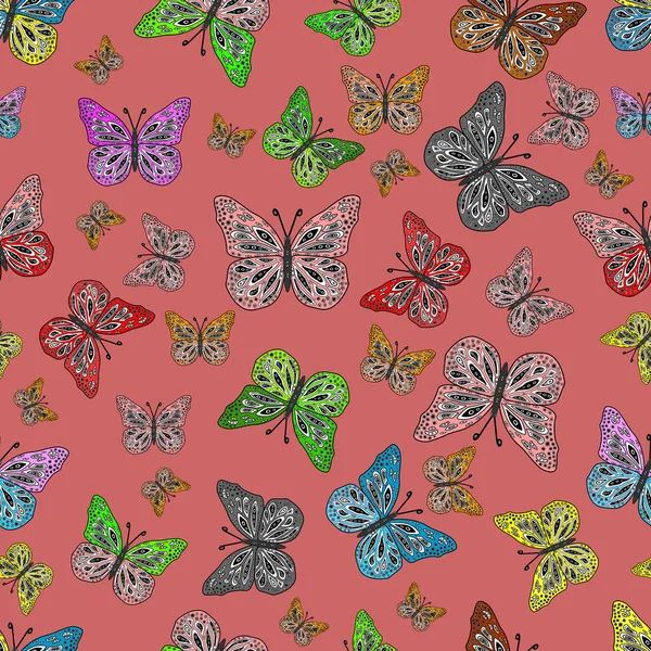 ベクトルイラスト グレー ブラック ピンクの背景に美しいカラフルな蝶のベクトルヴィンテージの手が描かれています ファッションかわいい生地デザイン — ストックベクタ