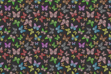 Kıyafetler, erkekler, kızlar ve duvar kağıtları için soyut, pürüzsüz desen. Boyama kitabı için uçan farklı güzel kelebekler. Böcekli kusursuz desen arkaplanı.