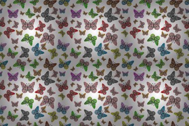 Raster illüstrasyonu. Kumaş, Tekstil, Baskı ve Davetiye için arka plan. Beyaz, yeşil ve gri arkaplanda kelebek deseni.