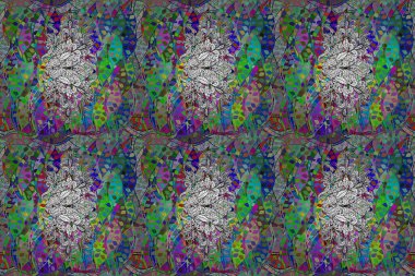 Renkli arkaplanda ilginç karalamalar olan kusursuz desen. Pano. Raster illüstrasyonu.