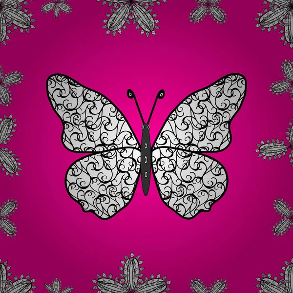 Vector Vintage Hand Drawn Beautiful Colorful Butterflies Magenta White Black — Stock Vector