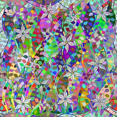 Renkli arkaplanda ilginç karalamalar olan kusursuz desen. Raster illüstrasyonu.