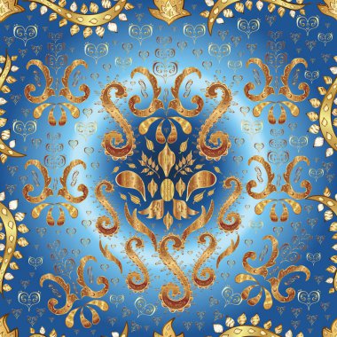 Altın element mavi, kahverengi ve bej renklerinde. Damask arkaplanı tekerrür ediyor. Antika altın tekrarlanabilir duvar kağıdı. Barok tarzında altın çiçek süsü..