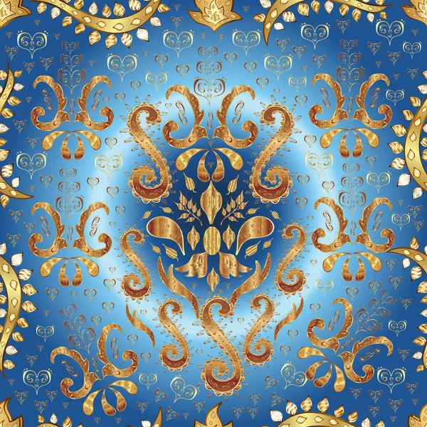 Altın element mavi, kahverengi ve bej renklerinde. Damask arkaplanı tekerrür ediyor. Antika altın tekrarlanabilir duvar kağıdı. Barok tarzında altın çiçek süsü..