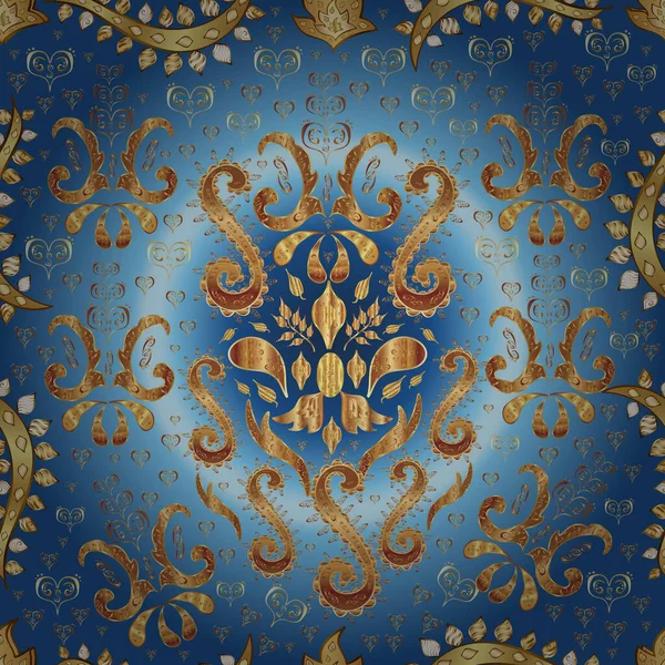 Kahverengi, mavi ve bej renklerde altın kar taneleri. Kış kar dokusu duvar kağıdı. Noel altın kar tanesi kusursuz desen. Sembol bayramı, yeni yıl kutlama vektörü altın desen.