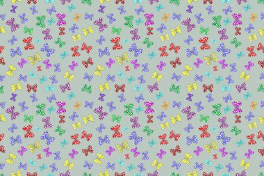 Renkli arkaplanda ilginç karalamalar olan kusursuz desen. Pano. Raster illüstrasyonu. Kelebekler.