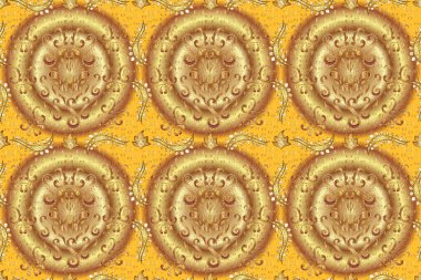 Kusursuz kraliyet lüksü, altın barok kumaş rengi. Kusursuz desenli altın antika ortaçağ dekoratifi, yapraklar ve bej, sarı ve kahverengi üzerine altın desenli süslemeler..