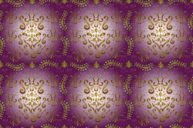 Raster Illustrasyon. Tarafsız, mor ve altın elementli mor renklerde klasik, pürüzsüz desen.