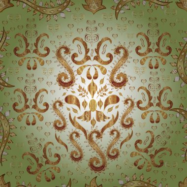 Kahverengi, nötr ve bej renklerdeki altın desenli altın elementler. Çiçek kiremitleri. İslam tasarımı. Kusursuz desenli oryantal süs. Vektör altın tekstil baskısı.