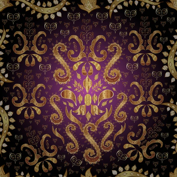 Kusursuz ortaçağ çiçek deseni. Vektör çizimi. Doğum günü kartı, davetiye ya da afiş için iyidir. Dekoratif simetri arabesk. Kahverengi, mor ve siyah renklerde altın.