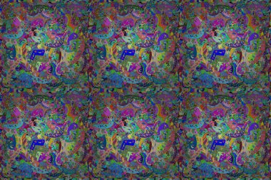 Renkli arkaplanda ilginç karalamalar olan kusursuz desen. Pano. Raster illüstrasyonu.