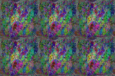 Renkli arkaplanda ilginç karalamalar olan kusursuz desen. Pano. Raster illüstrasyonu.