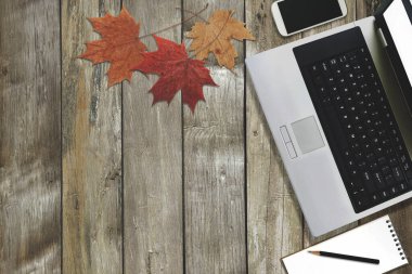 Dizüstü bilgisayarlı, cep telefonlu, not defterli, sonbahar konseptli Tahta Masadaki Çalışma Alanının Üst Görünümü